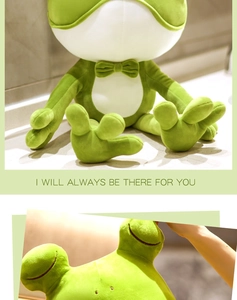 Detailed macro view showing the soft texture of a cute green frog plush toy with bow tie