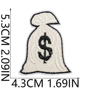 Detail of money bag embroidery patch with dimensions 5.3cm height and 4.3cm width
