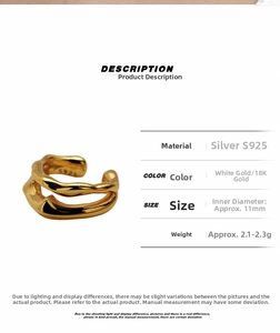 Detailed specs of S925 sterling silver ear cuff with irregular texture and gold plating