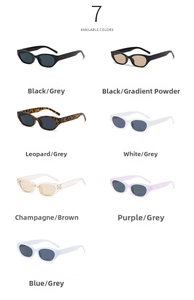 Detailed grid showing seven candy-colored small oval frame sunglasses in various trendy shades