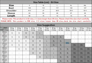 Detailed size guide for men's hoodies with EUR measurements and height-weight suggestions