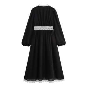 Elegant black chiffon maxi dress with V-neck and white lace trim detail in A-line silhouette