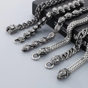 Hip hop men's stainless steel snake head bracelets in various silver chain links and sizes