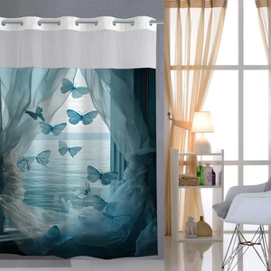 Détail du rideau de douche 3D motif marbre avec papillons bleus et œillets de suspension