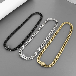 Men Stainless Steel Cuban Link Chain Necklace Hip Hop Punk Style With Rhinestone Round Buckle