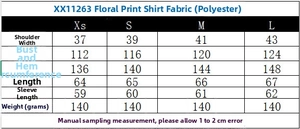 Tableau détaillé des tailles pour chemise à fleurs à manches longues avec mesures précises