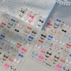 Relief nail art stickers featuring summer bikini and sunglasses patterns for manicures