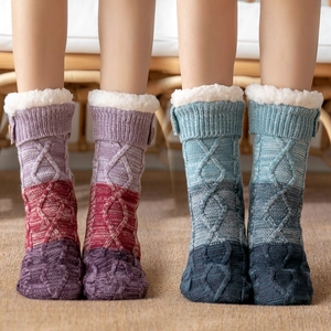 Warm Floor Socks Faux Fur Lined Acrylic Cable Knit Gradient Winter Indoor House Socks With Button For Women