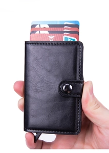 Close-up of black crazy horse PU card holder showing multi-slot storage and RFID blocking