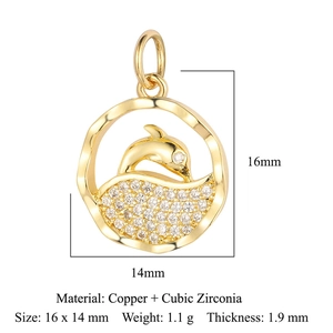 Golden dolphin copper pendant with sparkling cubic zirconia on a clean white background