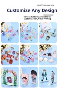 Custom acrylic keychain collection featuring cartoon character charms and clear badges