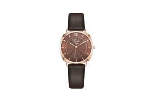 Detail of a square rose gold watch case with brown sunray dial and leather strap