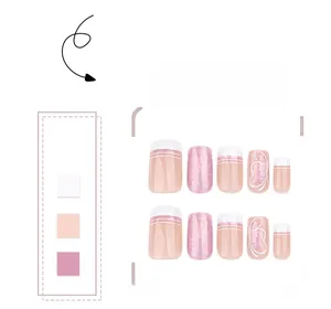 Short square press-on nails with pink glitter gradient, white French tips and butterfly art