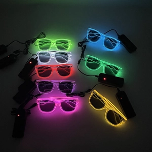 Macro detail of LED glowing glasses in seven vibrant neon colors for party lighting