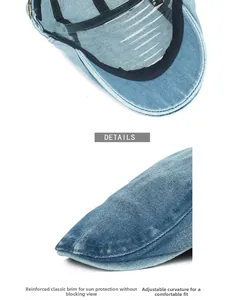 Detailed view of denim flat cap interior with sweatband and reinforced brim stitching