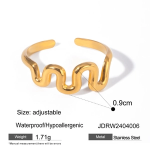 Waterproof 18k gold wave stainless steel open ring with hypoallergenic properties