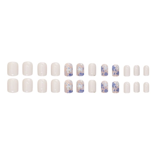 Short square press-on nails with blue vintage floral designs and nude pink solid colors