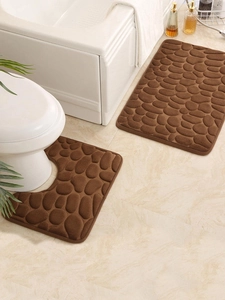 Brown bathroom mat set with 3D pebble texture on rectangular and U-shaped rugs
