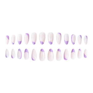 Minimalist French purple false nails with abstract white wave patterns in a 24-piece set