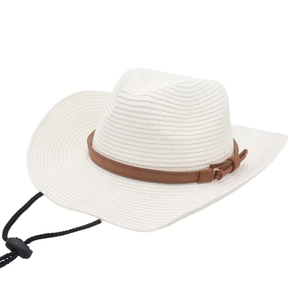 Handmade white raffia straw cowboy hat with brown leather band and chin strap