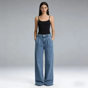 Light blue high waist wide leg denim jeans with front pleat detail for women