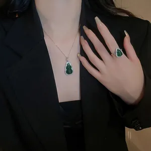 Gourd Shape Necklace And Open Ring Green Resin Inlaid Zircon Brass Vintage Chinese Style Jewelry For Women