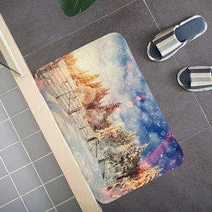 Detail of soft winter snow landscape flannel floor mat with forest and star pattern
