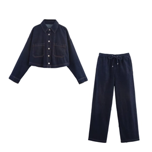 Ensemble en denim bleu foncé pour femme avec veste courte et pantalon large à cordon