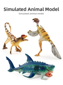 Detailed close-up of realistic Dilophosaurus and exotic shark animal model toy set