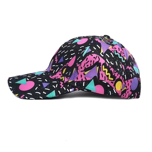 Detailed side view of black baseball cap with vibrant geometric graffiti print and curved brim