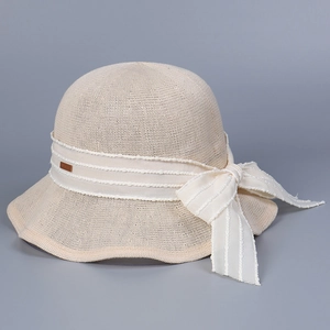 Beige breathable wide brim knitted sun hat with elegant bow ribbon for summer