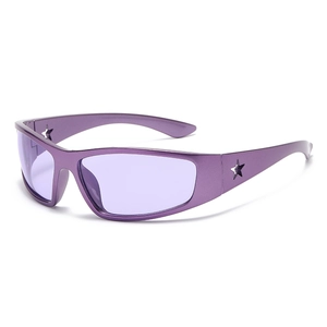 Y2K sporty purple sunglasses with hollow star design on temples and wraparound frame