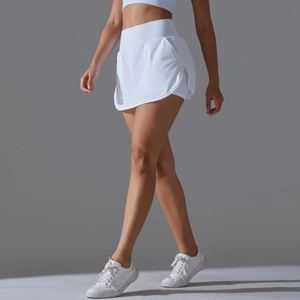 Detail view of the side pocket on white high-waisted tennis skort for active sports