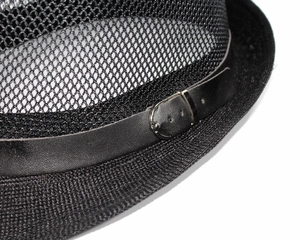Close-up of black breathable mesh sun hat with faux leather band and silver metal buckle
