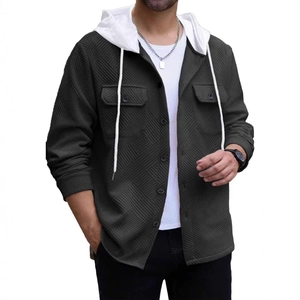 Men's hooded jacket with dark grey waffle texture and white contrast drawstring hood