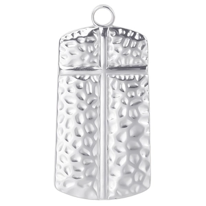 Close-up of a silver stainless steel rectangular pendant with hammered texture and cross