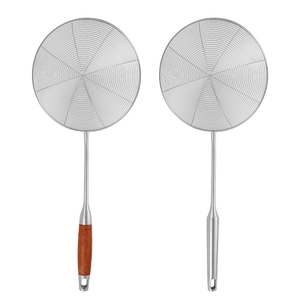 Stainless steel kitchen skimmers with fine wire mesh and optional wooden or metal handles