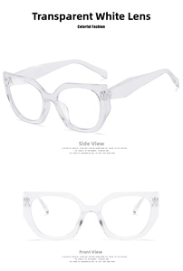 Detail view of transparent cat-eye glasses frames showing both front and side profiles