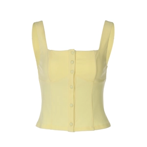Detail shot of a yellow square-neck vest featuring a front button closure and slim-fit cut