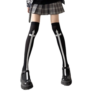 Black over-the-knee socks featuring white cross prints in a comfortable knitted fabric
