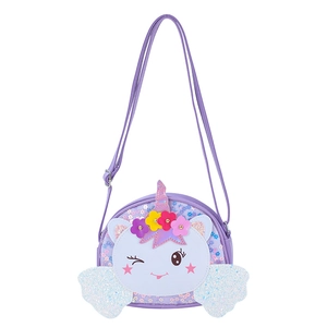 Detail of purple sequin unicorn shoulder bag with rainbow glitter wings and embroidery