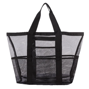 Große schwarze Mesh-Strandtasche mit vielen Taschen und Tragegurten für Schwimmreisen