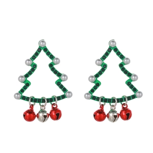 Orecchini a albero di Natale con strass verdi, perle bianche e piccoli campanellini