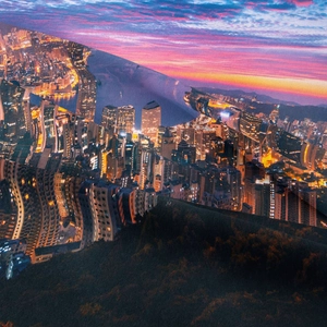 Bohemian tapestry featuring a vibrant urban night skyline and sunset cityscape