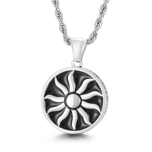 Collier hip-hop en acier inoxydable avec pendentif soleil et détails noirs sur chaîne torsadée