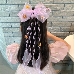 Girl's purple mesh bow hair clip with floral streamers and braided wig extensions