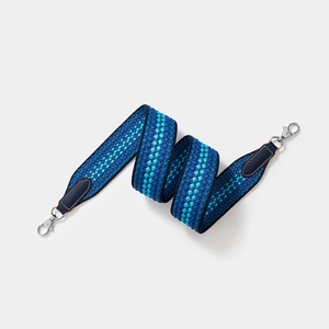 Adjustable blue woven canvas shoulder strap with leather ends and silver metal clips