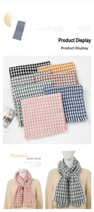 Detailed view of houndstooth scarf texture with thick cashmere-feel fringe tassels