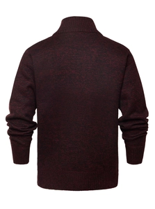 Vista posteriore del maglione in maglia bordeaux da uomo con trama fine e bordi
