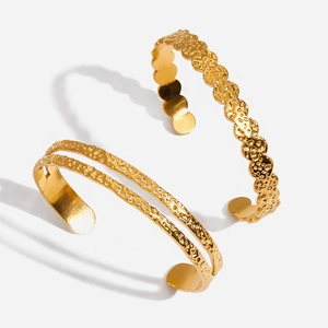 Minimalist Hammered Texture Stainless Steel Cuff Bracelet 18K Gold Plated Wave Edge Open Adjustable Bangle For Women